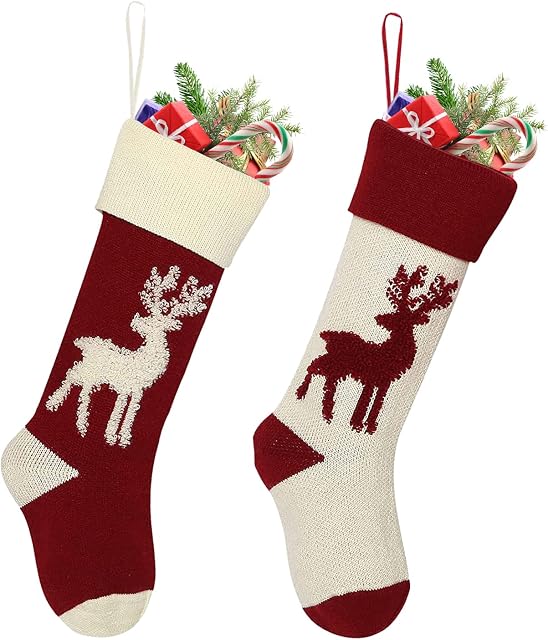 Dremisland Christmas Stockings Set of 2, 18 Inch Large 3D Cable Knit Xmas Stockings Reindeer Pattern Rustic Personalized Stocking Gift Bag for Family Holiday Xmas Party Decorations