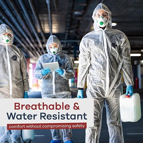 Vista 34 de Trajes desechables para materiales peligrosos, paquete de 5, 4XL, overol protector con capucha y botas adjuntas, traje de pintor de cuerpo completo