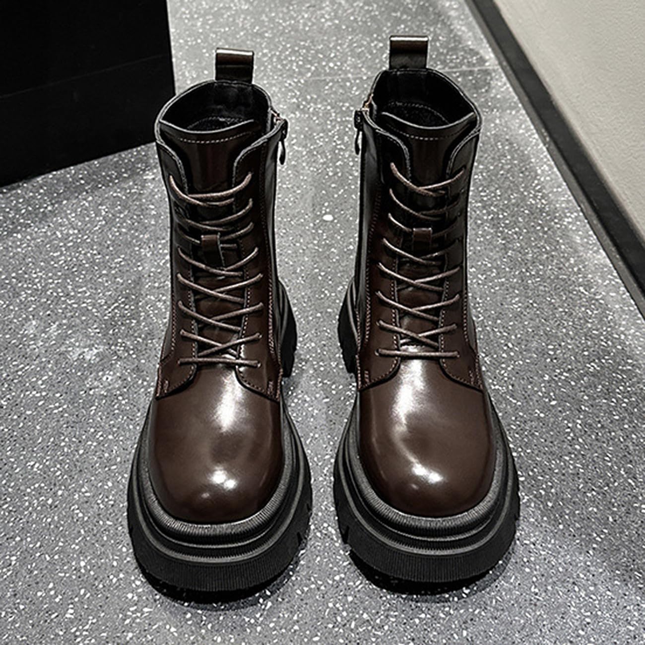 Womens Lace Up Ankle Boots Side Zip Lug Platform Combat Boots Fashion Chunky Heel Motorcycle Boots
