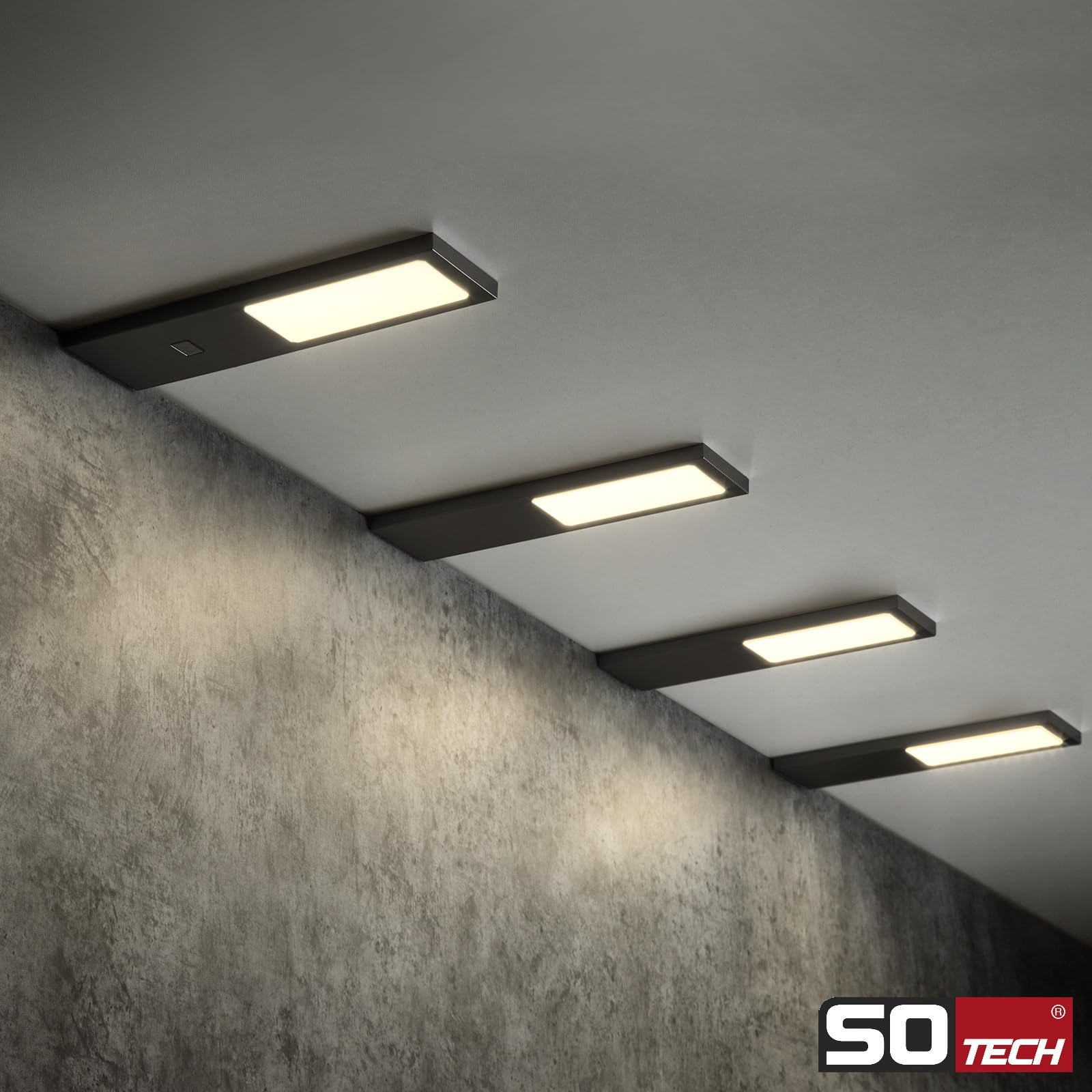 SOTECH 4er Set LED-Möbelleuchte GIULIA II mit/ohne Sensor schwarz, 2700K warmweiß inkl. Trafo & Verteiler Unterbauleuchte Schrankleuchte Vitrinenbeleuchtung