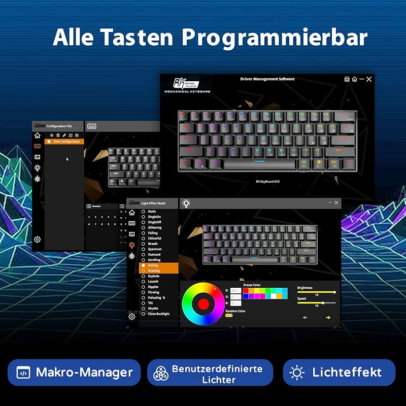 RK ROYAL KLUDGE RK61 RGB 60% Mechanikus Gamer Billentyűzet, Vezeték Nélküli/Vezetékes Bluetooth, Hot-Swap Lineáris Red Switch, Többeszközös