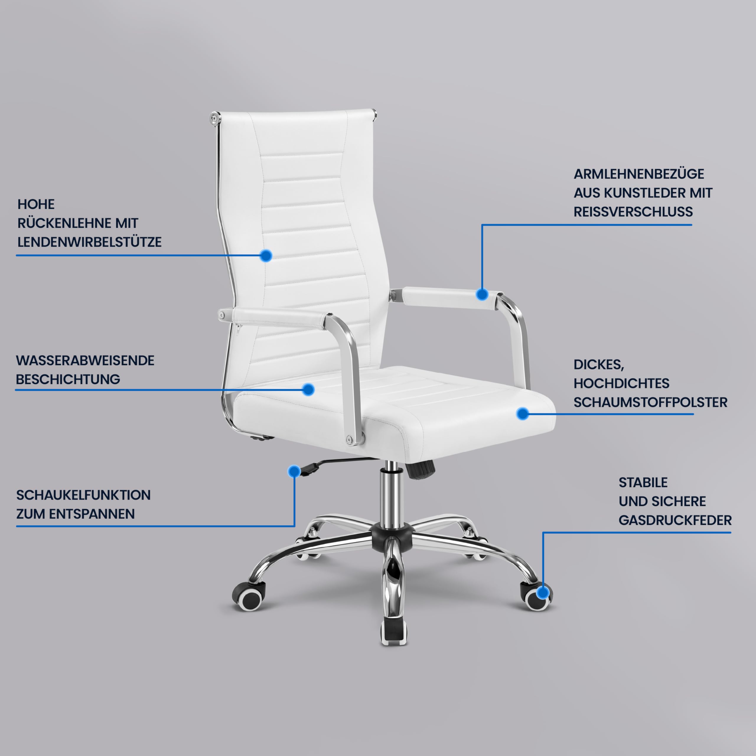 Yaheetech Bürostuhl ergonomischer Schreibtischstuhl mit Armlehnen, Chefsessel Computerstuhl hoher Rückenlehne, Arbeitsstuhl mit Wippfunktion bis 136 kg Belastbar Weiß