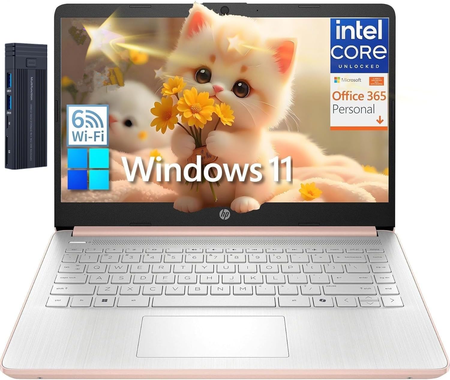 HP 14" HD Laptop, Intel Processor N150, 16GB RAM 128GB UFS, Microsoft Office 365, 128gb 9H Docking Station, Webcam, HDMI, Wi-Fi 6, Bluetooth, Windows 11 Home, Pale Rose Gold