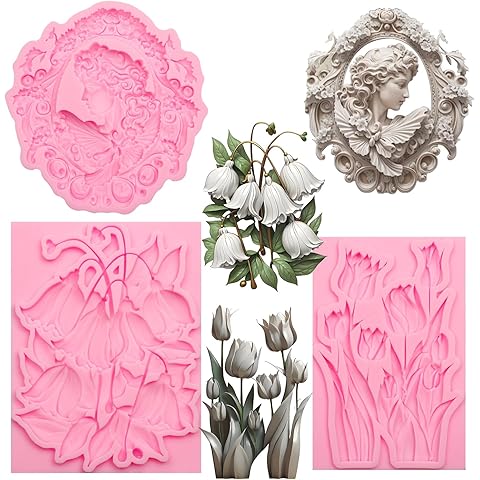 Vintage Floral Silicone Molds Set, 3 Pack Decorative Relief Molds with Victorian Portrait, Tulips, Bell Flowers Design, Pink