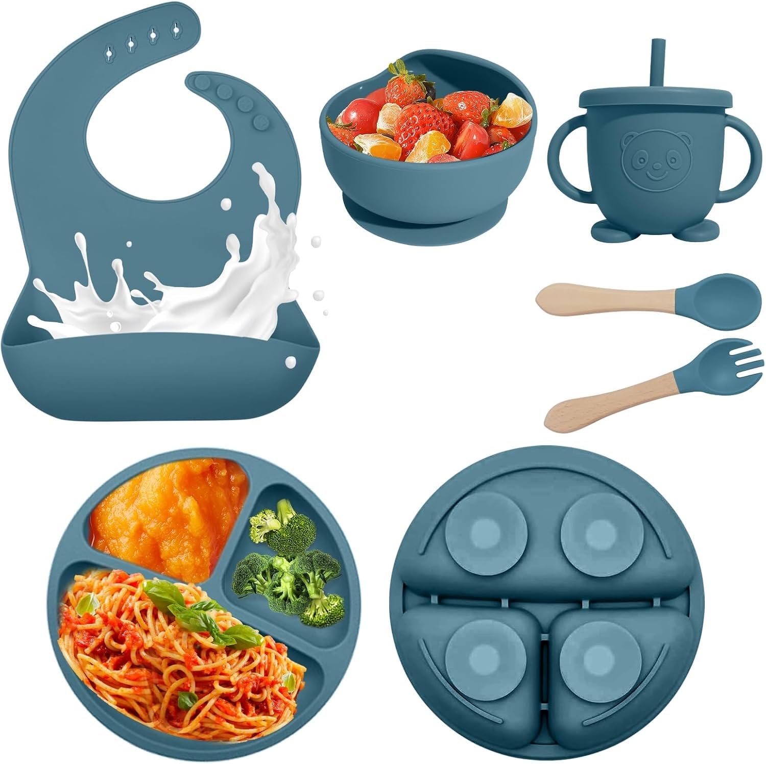 Premium Silicone Baby Weaning Set 6 Piece 100% Food Grade Non Toxic Feeding Kit Strong Suction Bowl Adjustable Bib Easy Grip Spoon Fork for Infant Toddler Self Eating Training (Blue)-image-26