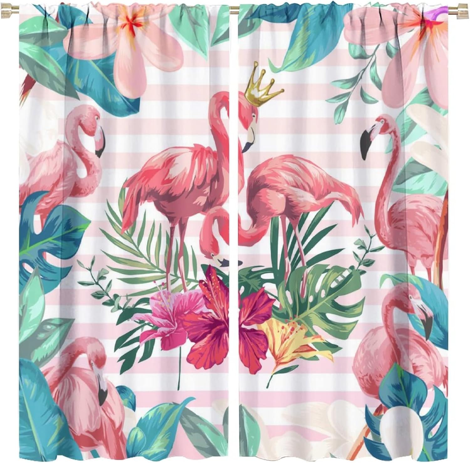 Summer Flamingo Rod Pocket Blackout Curtains for Bedroom - Watercolor Tropical Leaves and Flowers Pink Stripes Window Drapes,Thermal Insulated Room Darkening Curtains 2 Panels 63L x 31.5W