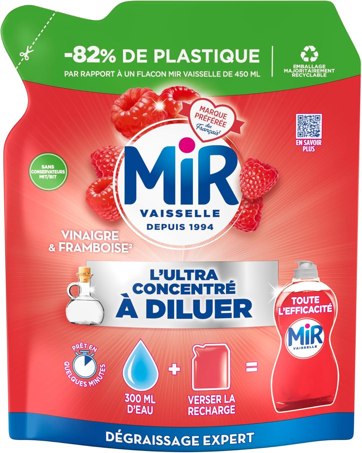Mir - Lot de 3 liquides vaisselle Vinaigre et Framboise + 3 recharge
