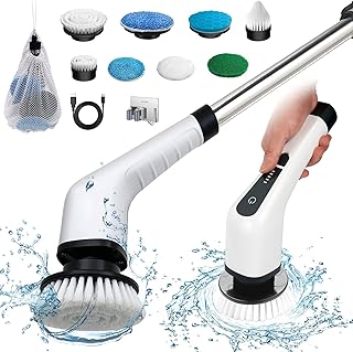 ZLPMARY Electric Spin Scrubber, Cordless Bath Tub Power Scrubber with 8 Replaceable Drill Brush Heads, Shower Cleaning Brush with Adjustable Handle Bathroom, Tile Floor & Car, White (ANS-8050)