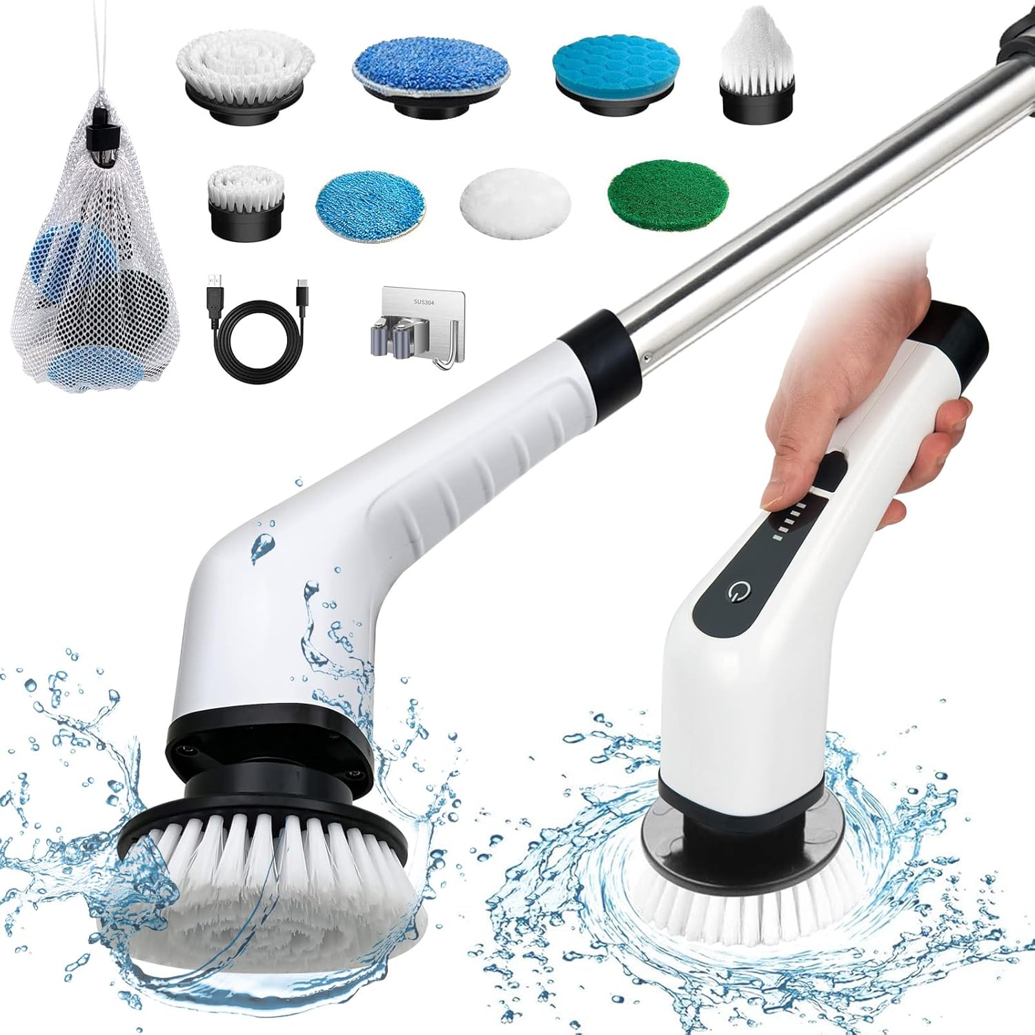 Electric Spin Scrubber Cordless Bath Tub Power Scrubber with 8 Replaceable Drill Brush Heads Shower Cleaning Brush with