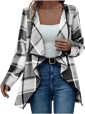 GOHRSHA Womens Plaid Shawl Collar Cardigan Sweaters Long Open Front Flannel Jacket Buffalo Plaid Shacket Fashion Fall Outfits