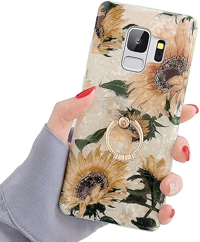 Qokey Funda para Galaxy S9, S9, diseño de flores, a la moda, para hombres, mujeres y niñas, con anillo giratorio de 360 grados, soporte de TPU suave