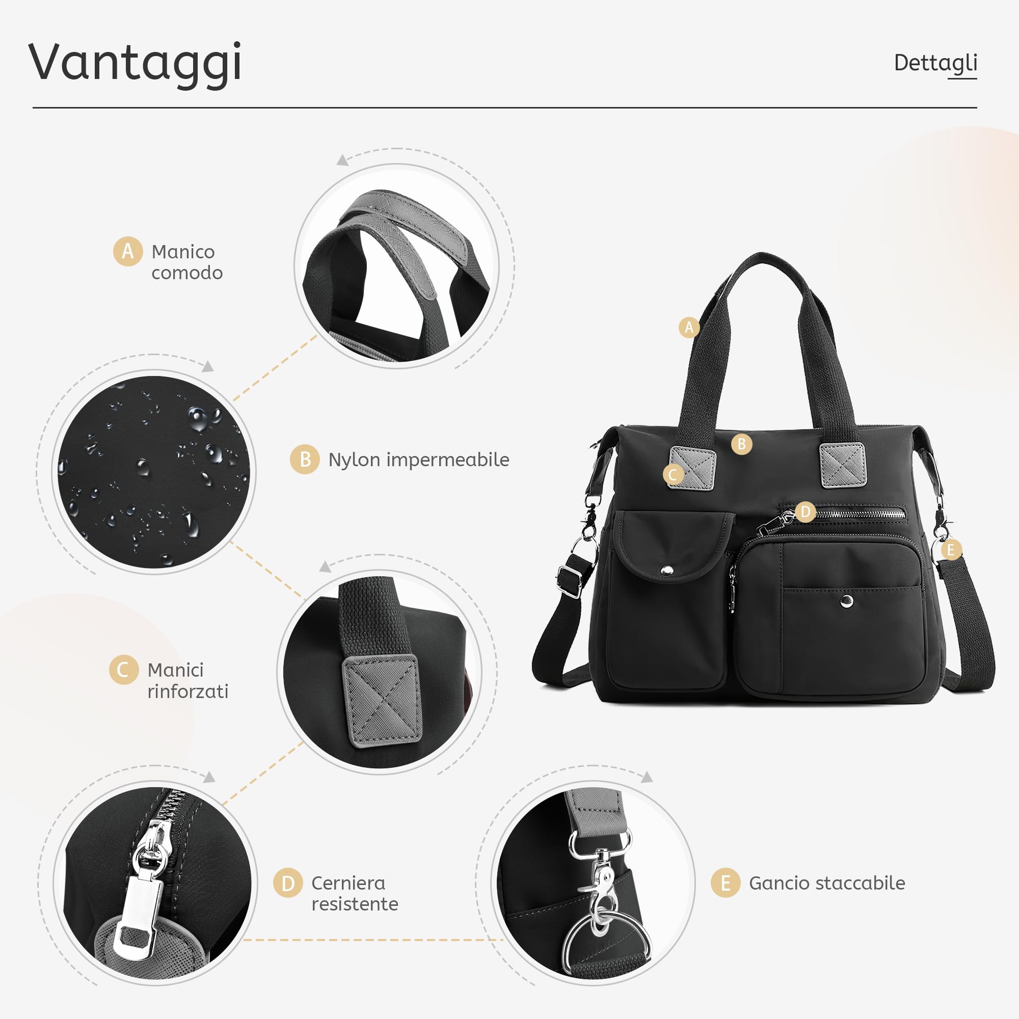 Borsa Donna Multitasche – Borsa A Mano In Nylon Impermeabile Con Tracolla Regolabile E Numerose Tasche, Grande Capacità Ideale Per Lavoro, Viaggi, Shopping E Quotidiano Nero Elegante