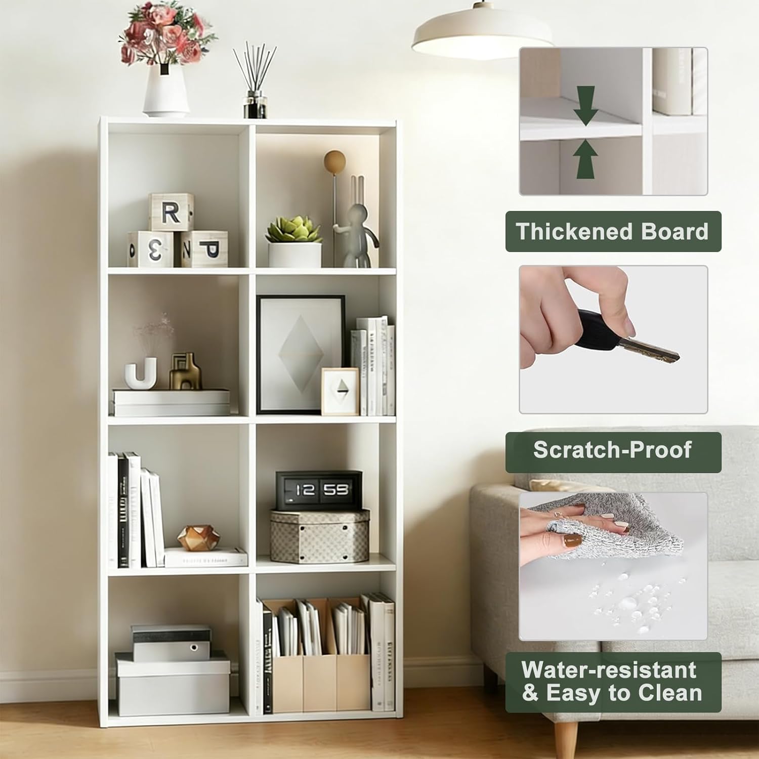 8-Cube Storage Organizer Shelf, Open Cube Bookshelf, Reversible Bookcase, Sturdy Modern Storage for Home Office, Bedroom, Living Room, White