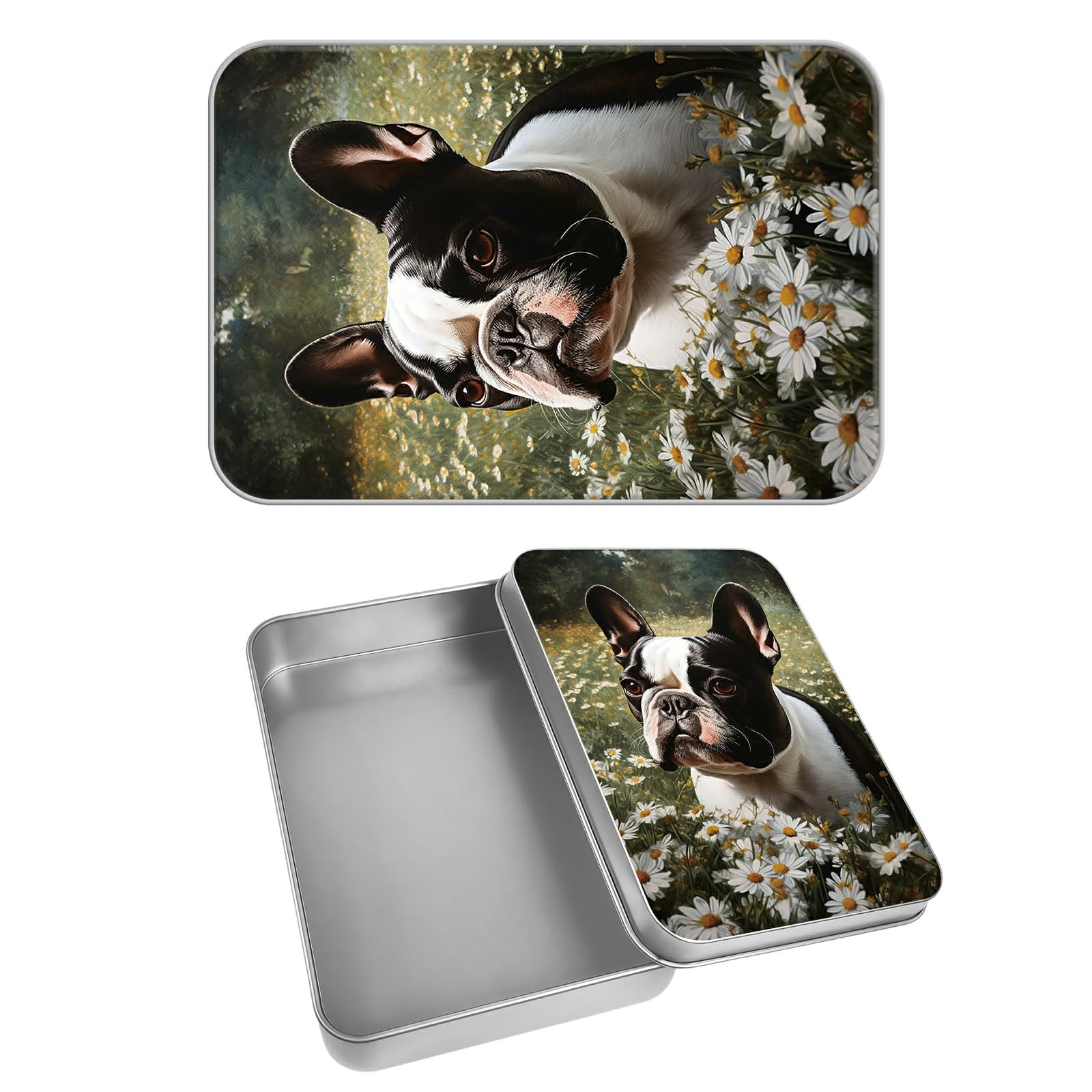 Rectangular Metal Tin Box with Removable Lid, Bulldog Daisy Decorative Printed Metal Storage Container for Cash Ticket Credit Card Check 3.46 x 2.36 x 0.7 inch– Single Pack
