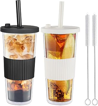 2 Pack Reusable Bubble Tea Cups, 750ml/24oz Travel Water Tumbler with Straw & Lid, Leakproof Clear Plastic Mug Cup, Double Wall Smoothie Tumbler with Wide Straw for Bubble Tea, Milkshake, Iced Coffee