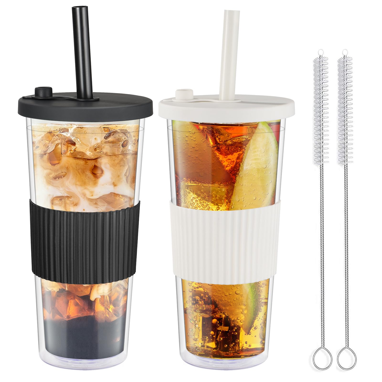 Sponsored Ad – autumndeer 2 Pack Reusable Boba Cup, 750ml/24oz Clear Double Wall Insulated Smoothie Tumbler with Wide Straw & Lid, Leakproof Plastic Cups Smoothie Cup Tumbler for Bubble Tea, Milkshake, Iced Coffee