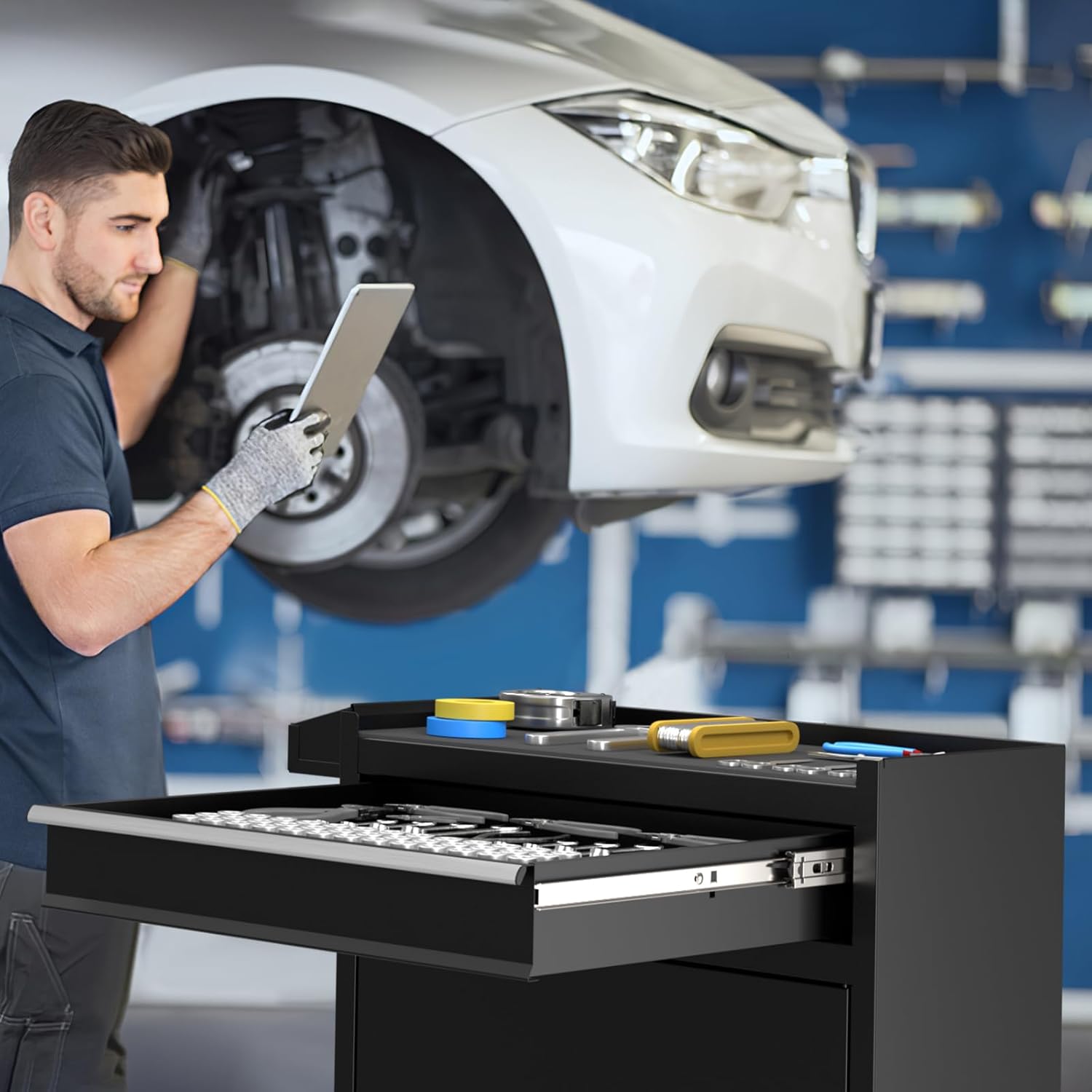 5-Drawers Black Tool Chest, 2-in-1 Mechanic Rolling Tool Box Removable Lockable Tool Storage Cabinet, Metal Tool Cart with Drawers and Wheels for Garage, Workshop