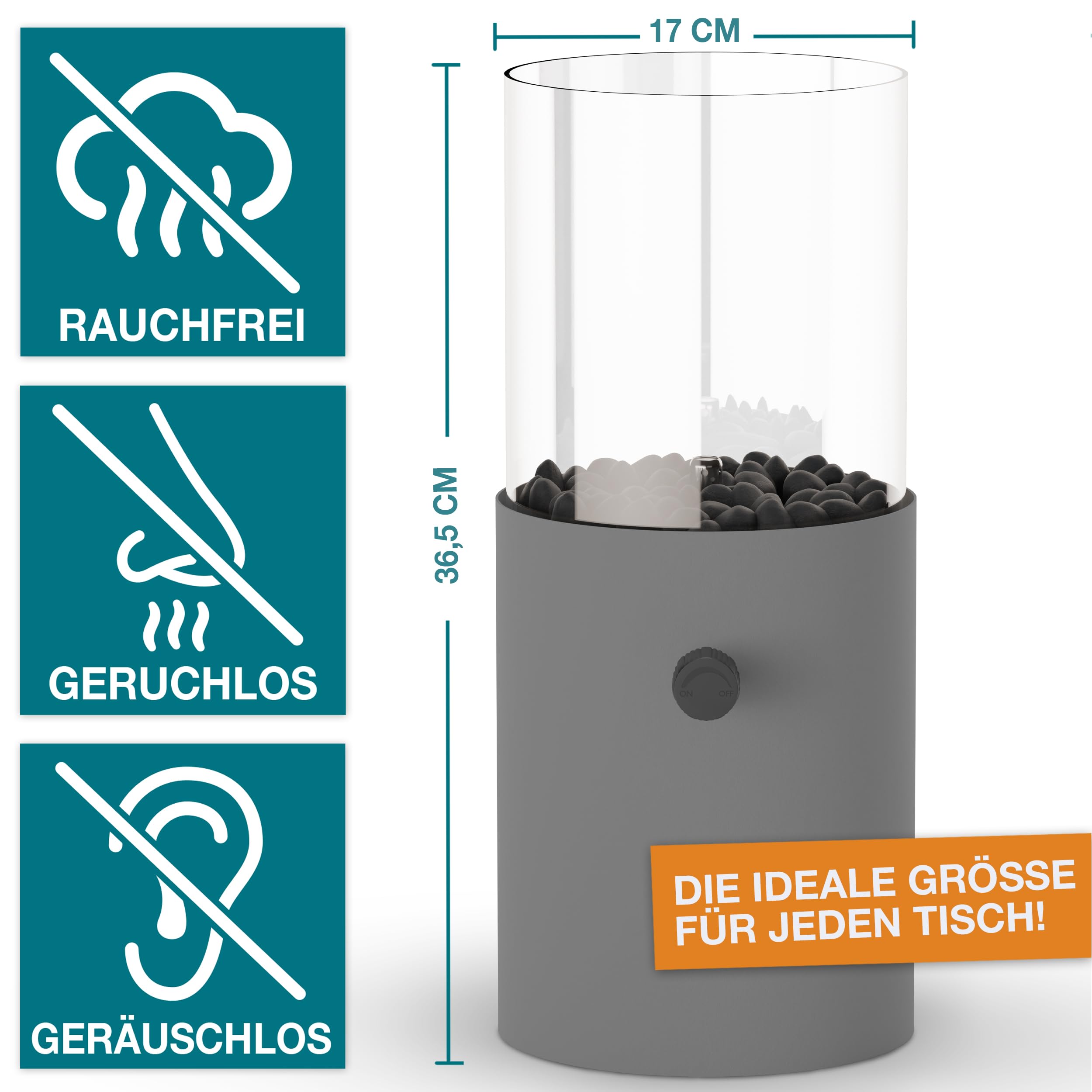 TOM Innovation XXL Gas Tischkamin - 12h Brenndauer für Indoor & Outdoor – Tisch Kamin Set – Tischfeuer mit Deko-Steinen – Plus 3X 190 g Stechgaskartusche