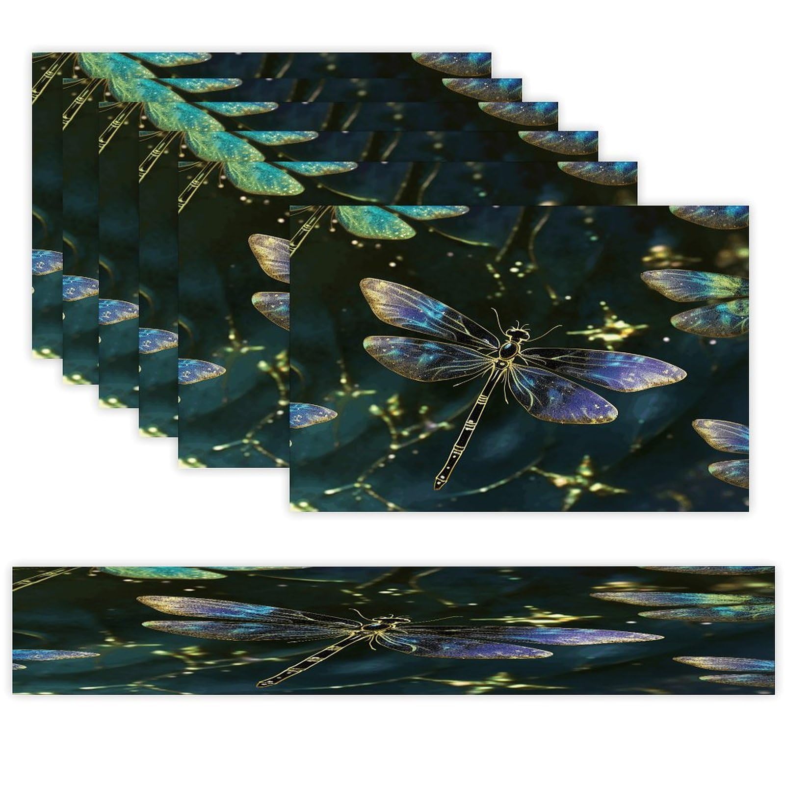 Dragonfly Table Runner and Placemats of 6 Washable Heat Resistant Place Mats with Table Runner Vintage Holiday Table Mat Set for Holiday Party Kitchen Dining Deco