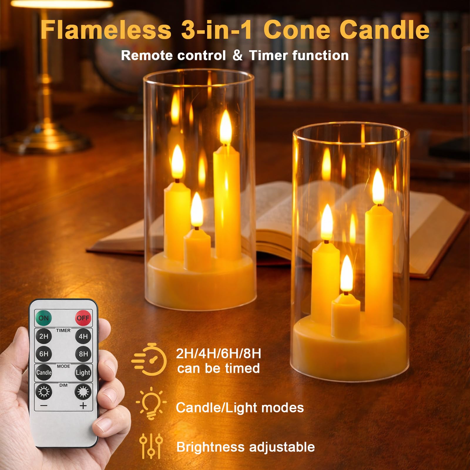 Eynshoo Flammenlose 3-in-1-Kegelkerze mit Fernbedienung und Timer, batteriebetriebene LED-Kerze mit 3D-flackerndem Docht, Acryl, für Heimdekoration, Urlaubspartys und Hochzeitsdekoration (2 Stück)
