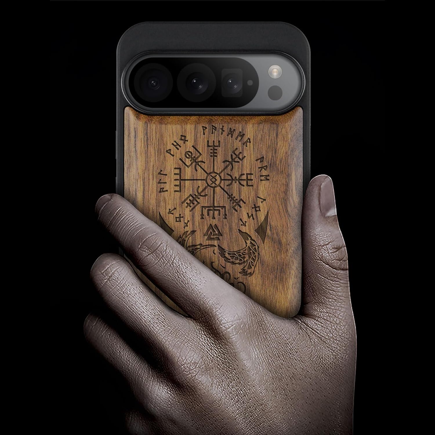 Carveit Wood Case for Pixel 9 Pro Case [Natural Wood & Black Soft TPU] Shockproof Protective Cover Unique Wooden Design Compatible with Google Pixel 9 Pro (The Guiding Vegvisir-Wlanut)