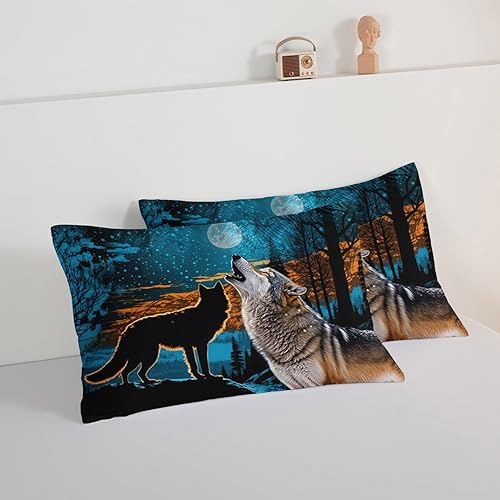 Miniatura 6 de HOSIMA Edredón de lobo salvaje, ropa de cama con estampado de animales del bosque con 2 fundas de almohada, juego de ropa de cama de lobo, árbol y