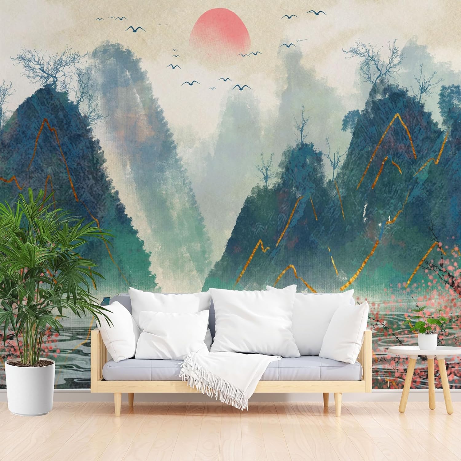 Fotomurales 350 x 256 cm Chino Papel Pintado Tejido No Tejido Vista A La Montaña Fotomural Efecto 3D Papel Tapiz Decorativos pared Murales Póster para Dormitorio Salón TV Pared F30