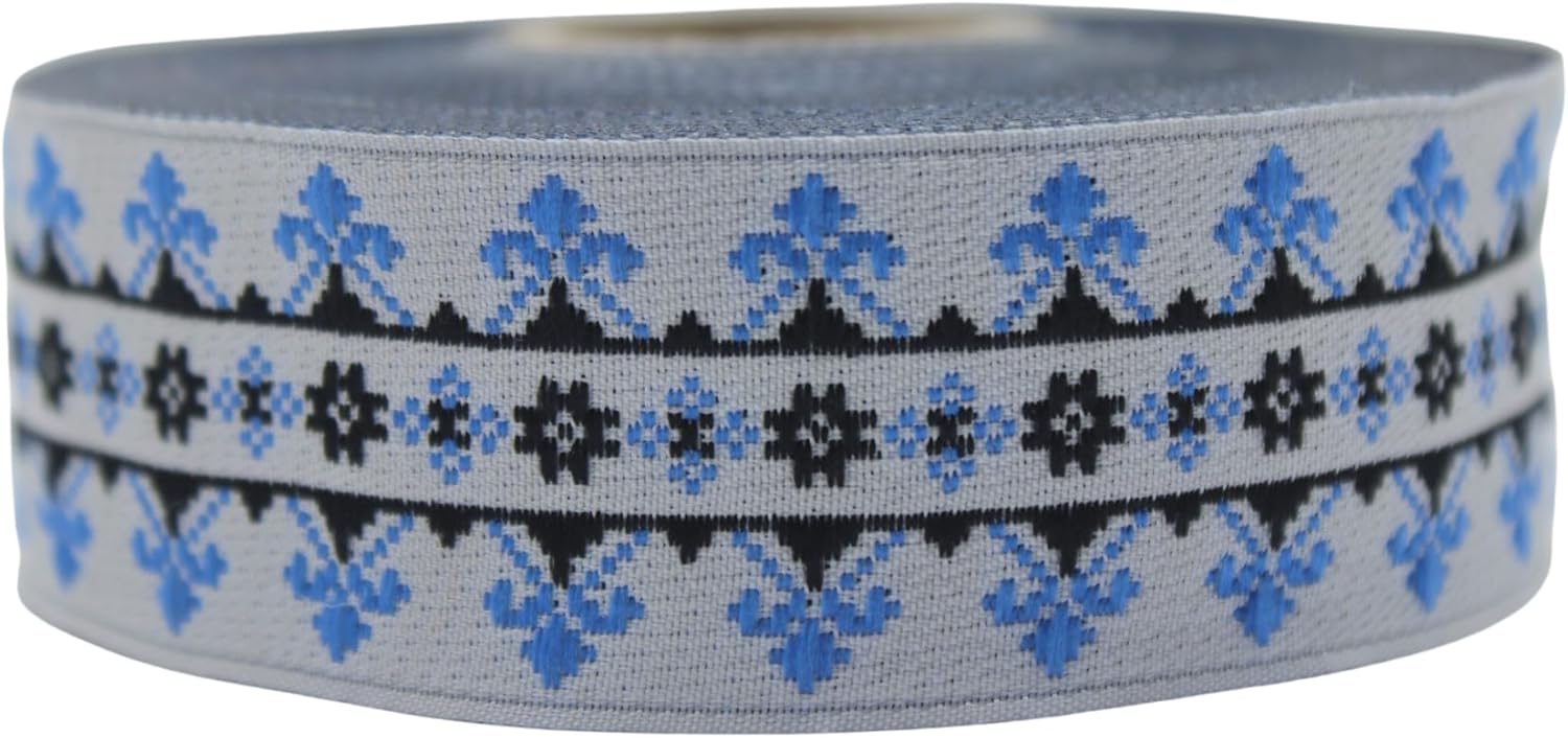 11 Yards Spool 1.10" Wide Blue White Scandinavian Jacquard Ribbon Woven Trim Costume Embellishment 28114