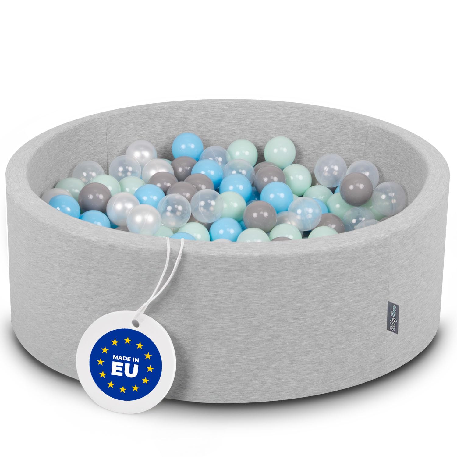KiddyMoon 90X30cm/300 Balls ∅ 7Cm / 2.75In Baby Foam Ball Pit Made In EU, Light Grey:Pearl/Grey/Transparent/Baby Blue/Mint — image 1