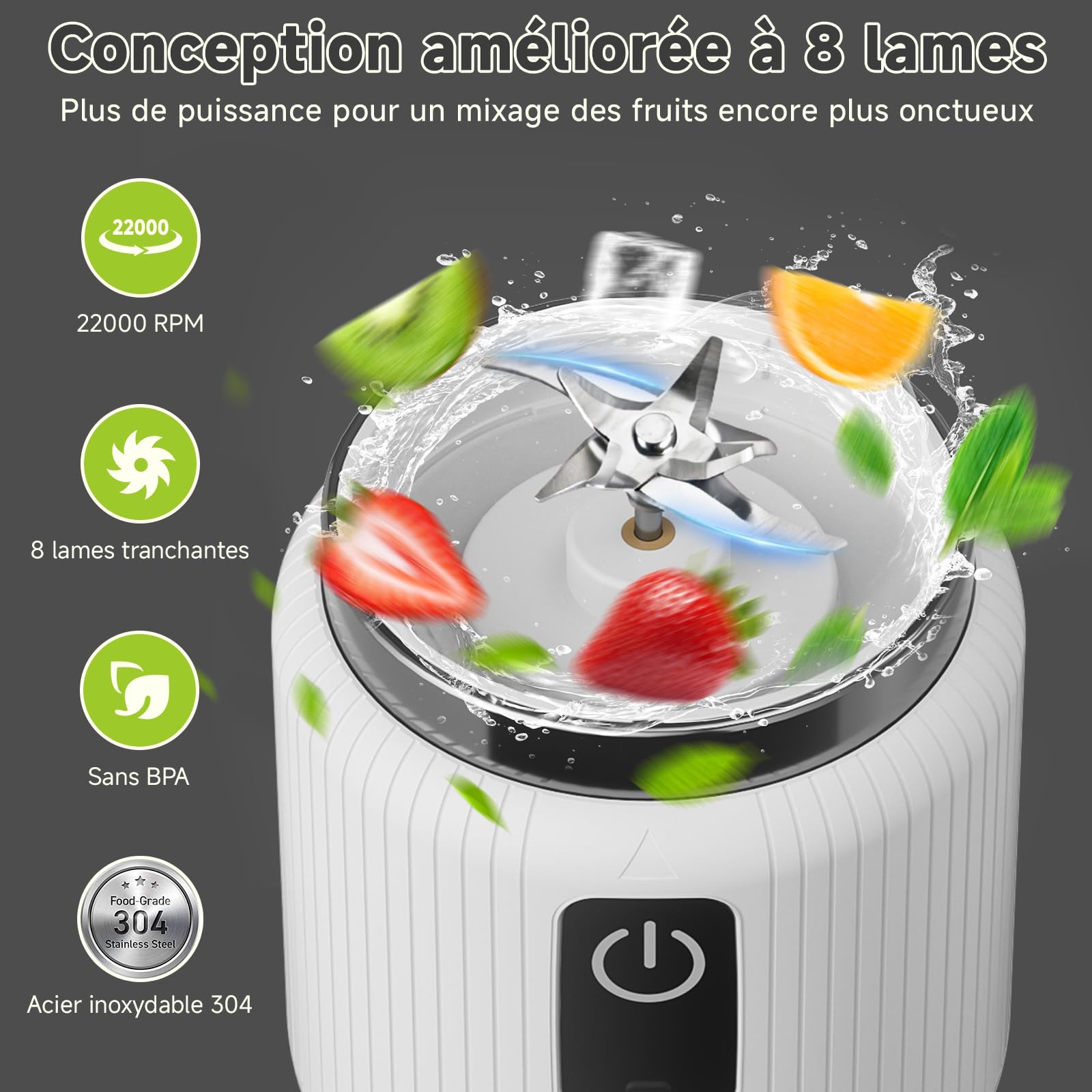 COKUNST Mixeur Portable, Mini mixeur blender avec 8 lames, Rechargeable | smoothie mixer personnel avec affichage LED, mixeur USB-C avec couvercle pour voyage, salle de sport, 22 000RPM, 500ml, Blanc