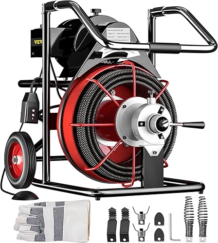 VEVOR Máquina limpiadora de 100 pies x 12 pulgadas 1700 RPM barrena de drenaje eléctrica, color rojo