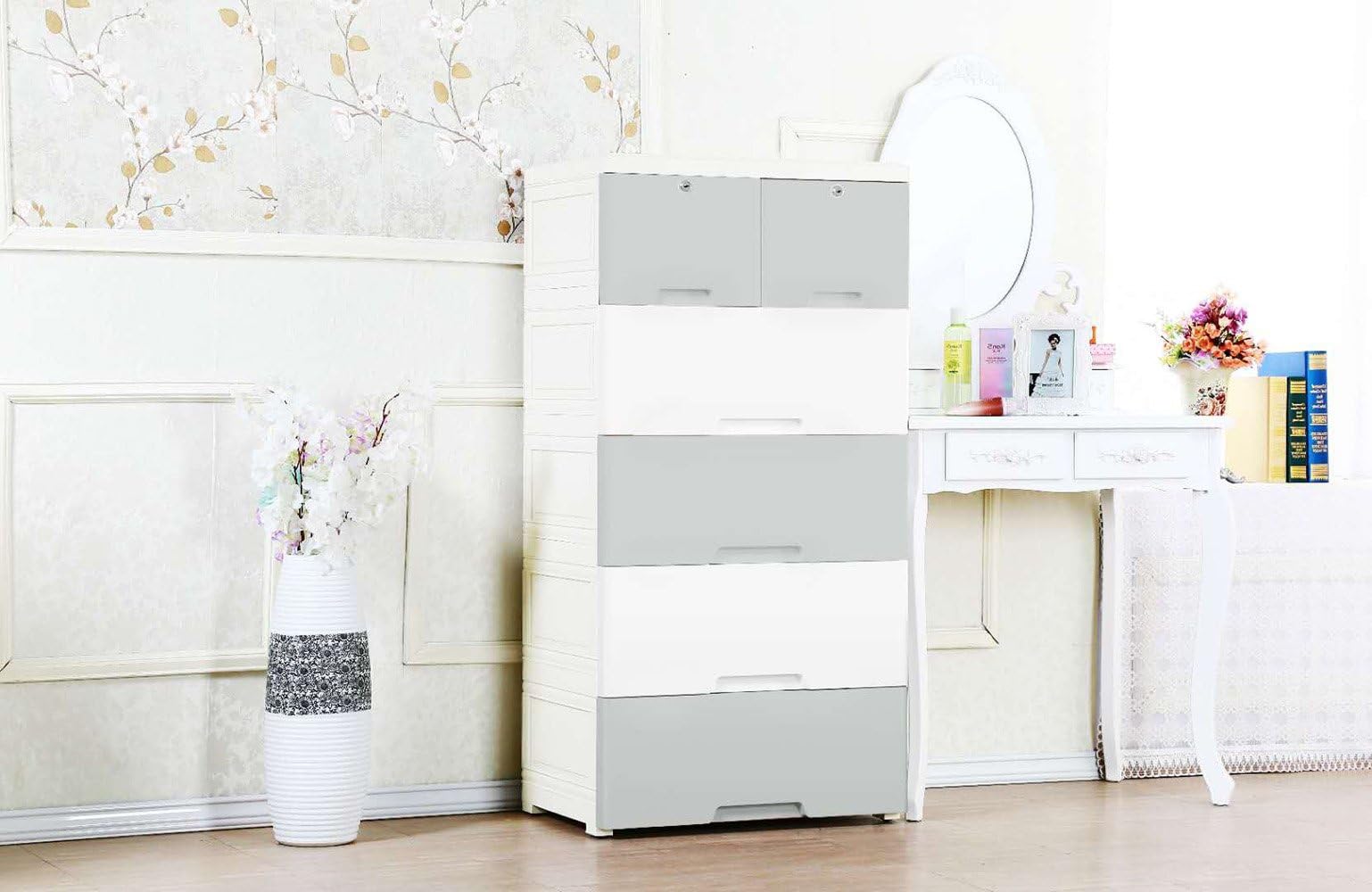 Mosquick 5 Layer Thickened Fibre Plastic Cupboard, Storage Drawers,Closet, Wardrobe Organiser, Chest Of Drawers With Lock And Key Top 2 Drawers For Kids Boys, Girls, Nursery,(White And Grey) - Matte