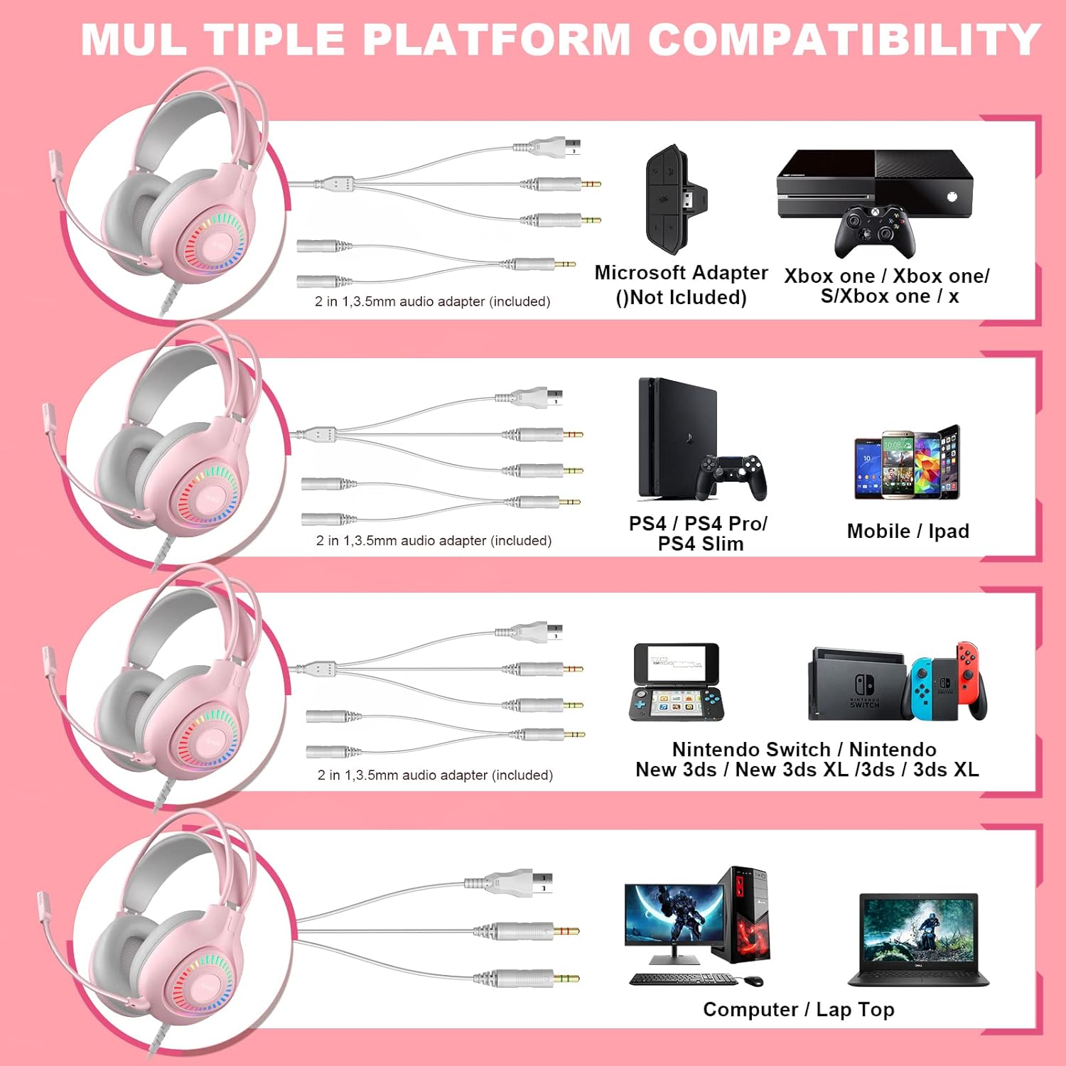 Anivia G1 Pink Gaming Headset for PS4, PS5, Xbox One, PC, Switch, Wired Over-Ear Headphone with Noise Isolation Microphone, Surround Sound Headphone with LED Light - Image 6