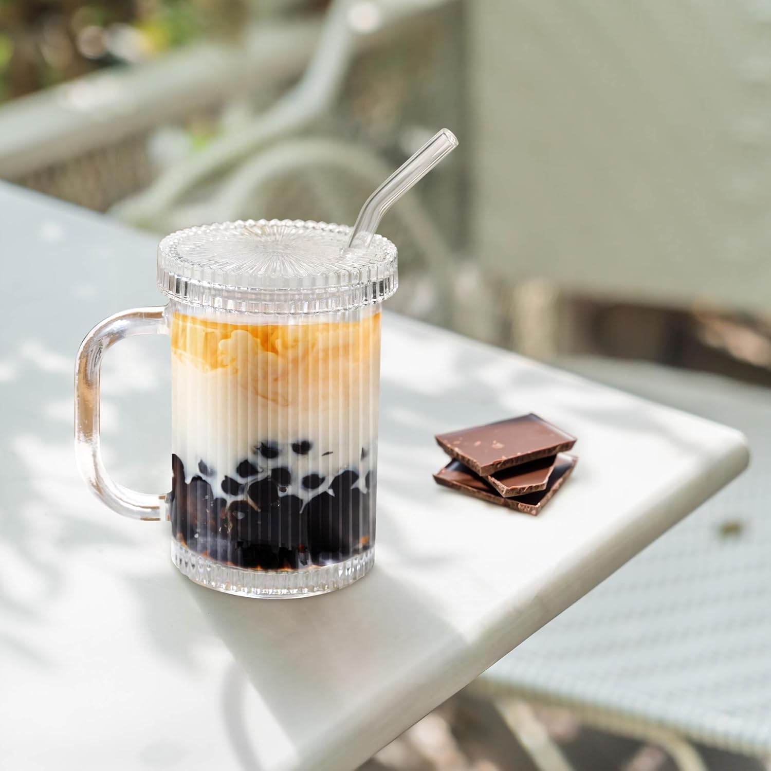 Joeyan Glass Tumbler with Lid Handle and Straw, Clear Ribbed Iced Coffee Cup, Vintage Drinking Jar Smoothie Glasses Mug, Fluted Glassware for Juice Water Milk Soda,13 oz, Set of 2,Dishwasher Safe - Image 3