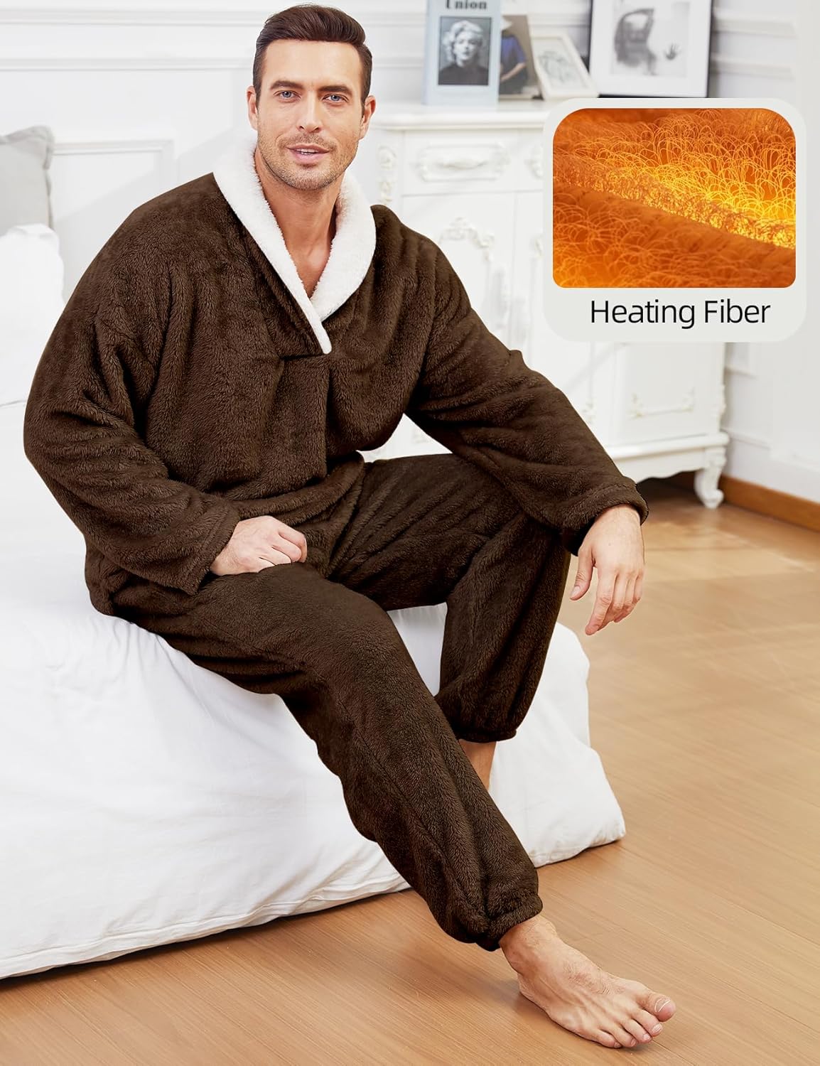 Gihuo Mens Fleece Pajamas Set Winter Warm Pjs for Men Flannel Loungewear Fluffy Sleepwear Sets - Image 6