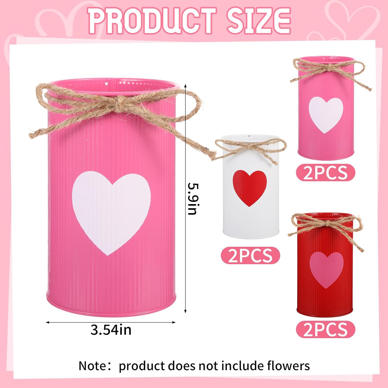 6 Pcs Valentine's Day Vases Heart Galvanized Flower Buckets Table Centerpiece Decorative Flowers Vases Metal Utensil Holders for Kitchen Countertop Wedding Party Home Decorations (Red Pink White)