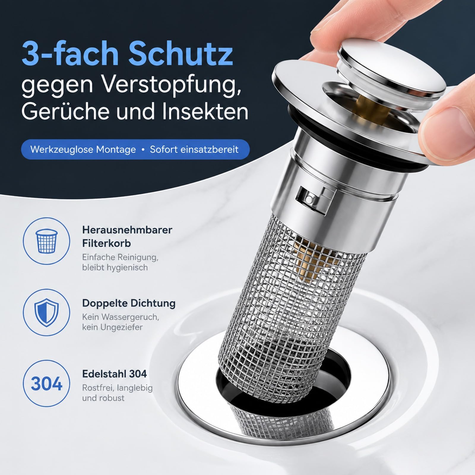Kerlwert Abflusssieb,Waschbeckenstöpsel Abflusssieb,Für 32 40mm Waschbecken & Duschabfluss,Abnehmbar,Werkzeuglose Montage，3pcs
