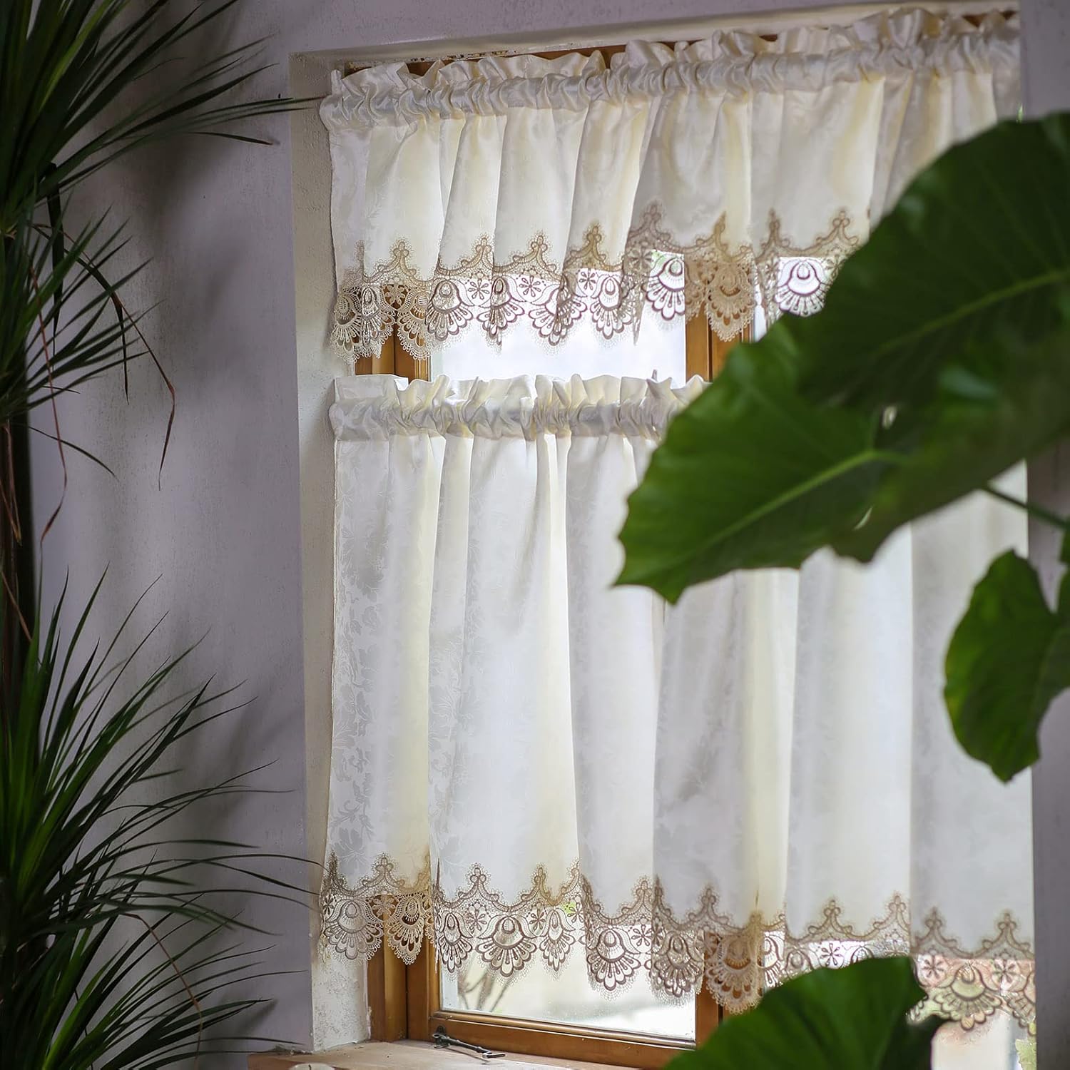 SUTAVIA Curtains Tiers and Valance Set 3 Pieces Spring Vintage Printed Windows Treatment Rod Pocket Farmhouse Cafe Curtains Set for Kitchen Bedroom Living Room (Beige, 54"x18"+27"x24"x2)
