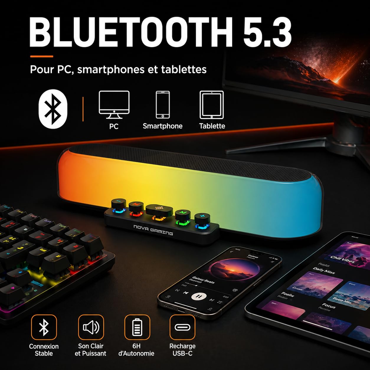 Nova Gaming URSAE - Barre de Son Gaming RGB Bluetooth 5.3 Puissante et Immersive - Enceinte PC Stéréo 10W avec Design Compact Élégant - Connexion USB, Jack, Micro-SD