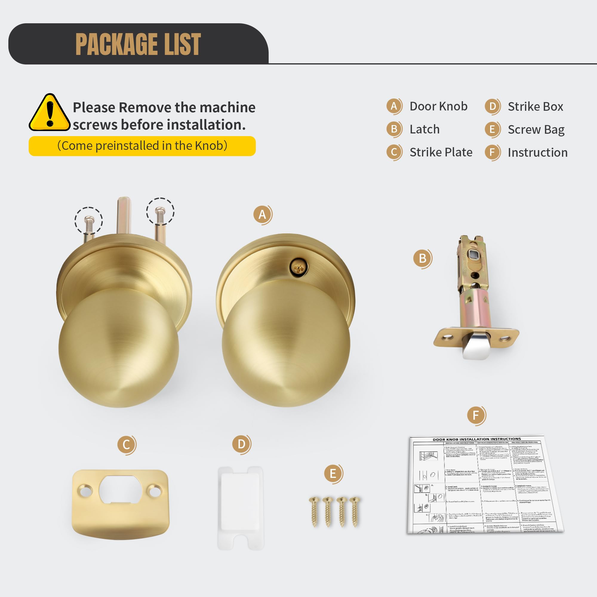 Satin Brass Passage Door Knob - Non-Locking Design -6