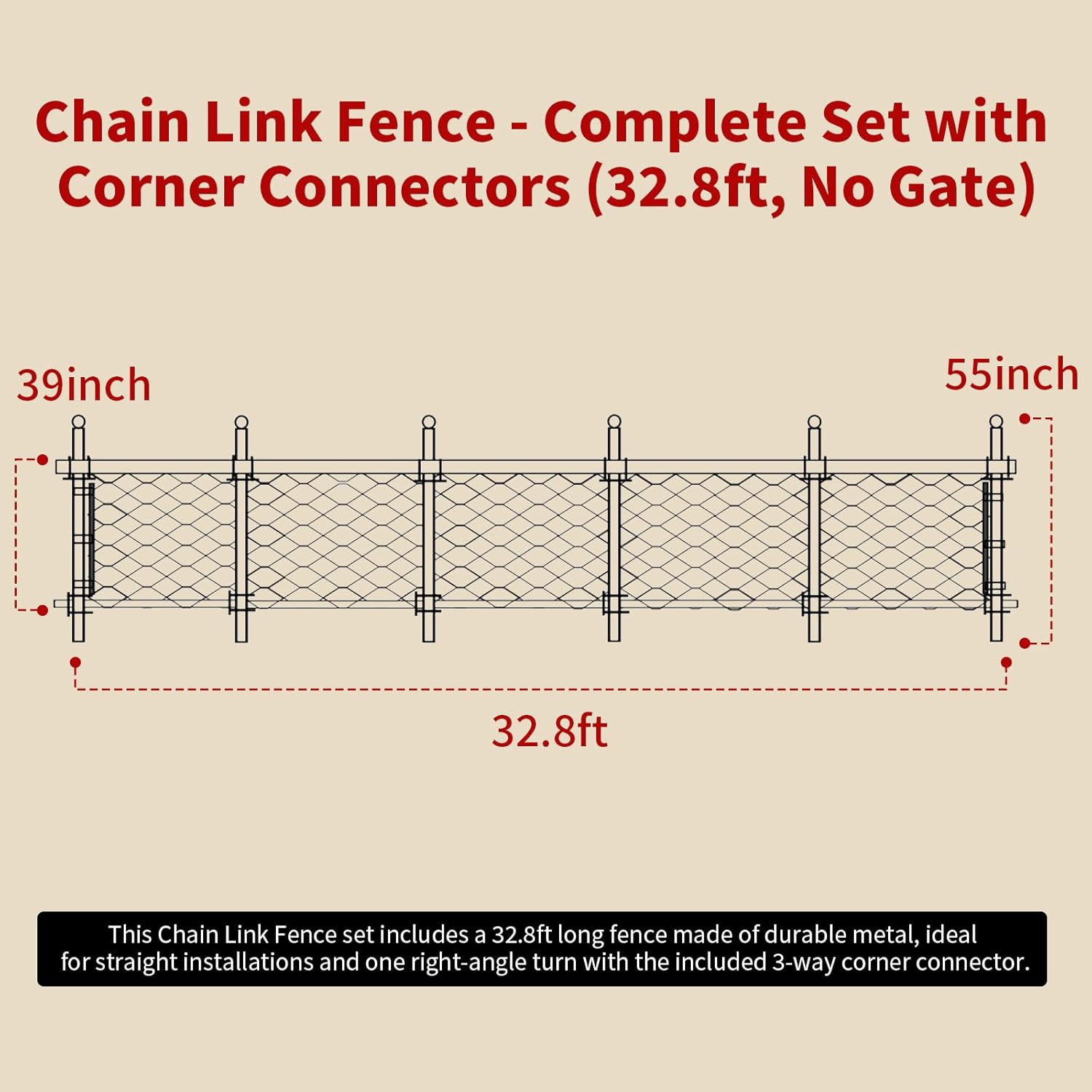 Chain Link Fence - Complete Set with Corner Connectors, 32.8ft Length, 39-inch High Fence, No Gate Included