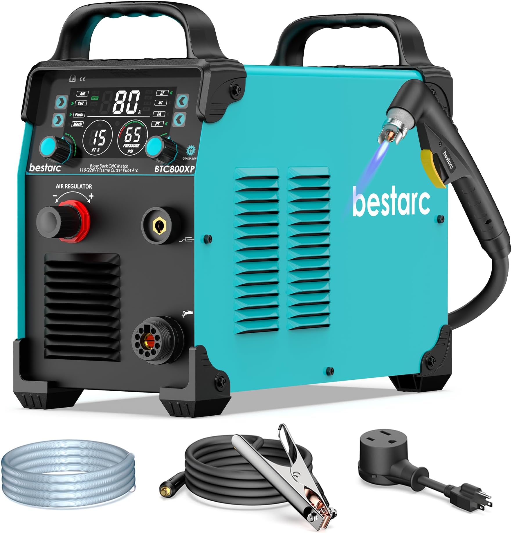 bestarc Plasma Cutter, [Blow Back Pilot Arc][Large LED][Air Sensor] 80Amp Non-HF CNC bestarc Plasma Cutter Machine 110V/220V Dual Voltage, 5/8" Clean Cut 1.57" Max Cut, PA/PT, 2T/4T for Beginners DIY