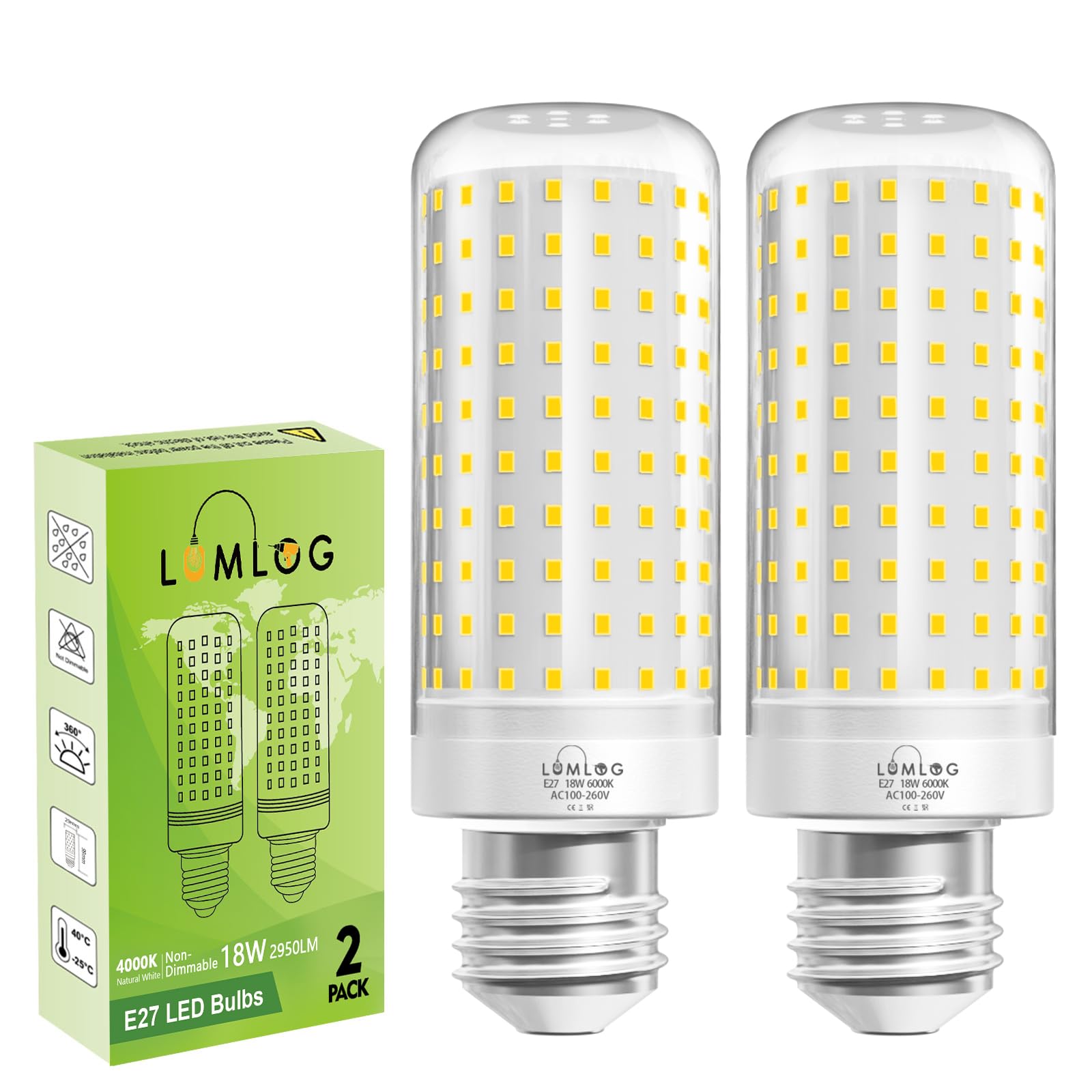 Lumlog E27 LED Corn Light Bulbs Natural White 4000K, 180W Incandescent Bulbs Equivalent, 2950LM Corn LED Bulb for Ceiling Lamp, Wall Lamp, Desk Lamp, Pack of 2