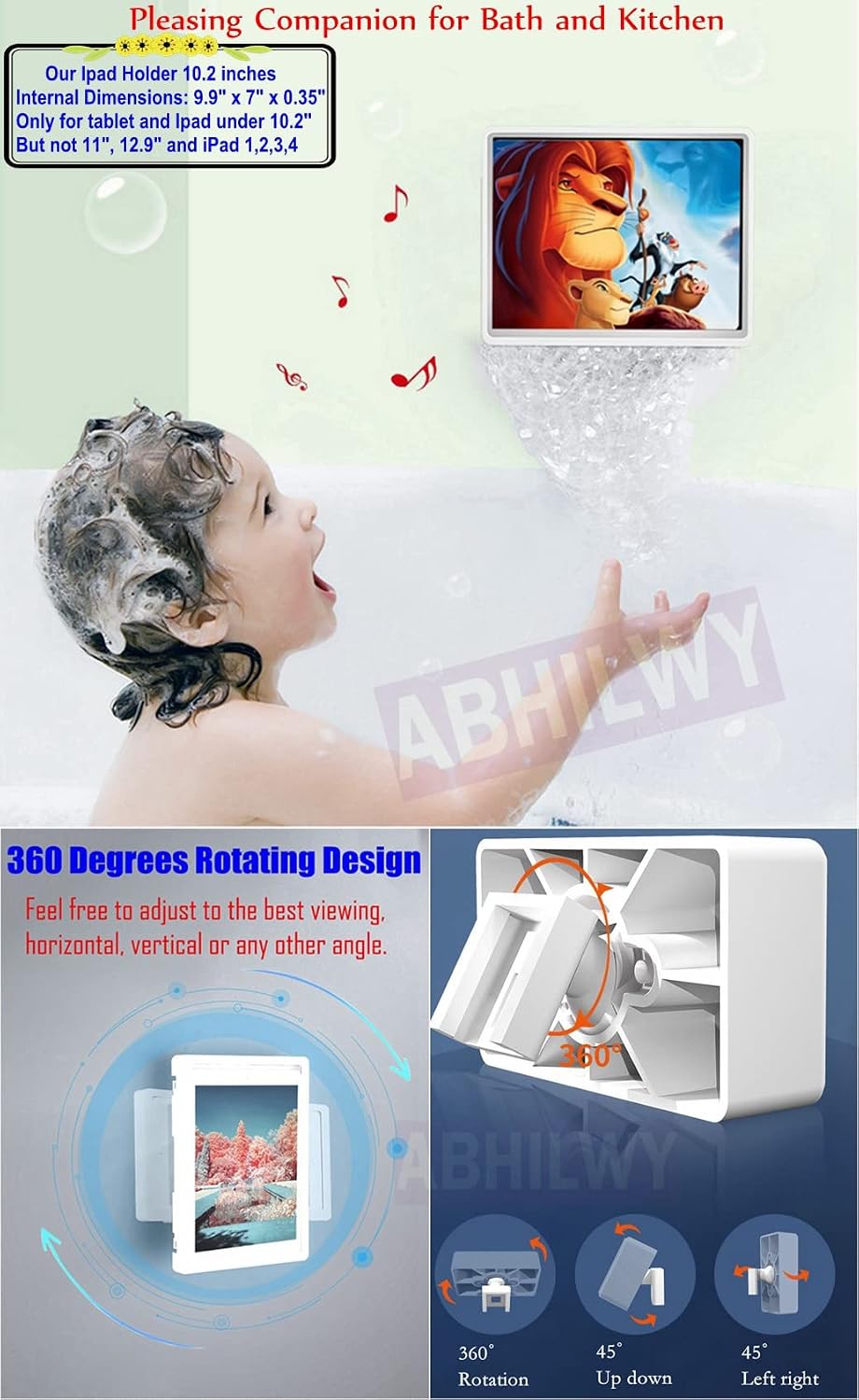 Shower Tablet Holder Waterproof Compatible with Ipad, Wall Mounted Bathroom Tablet Case 360° Rotation,Adhesive Touchable Cradle with Glass Anti-Fog Screen for Bathtub Kitchen White R
