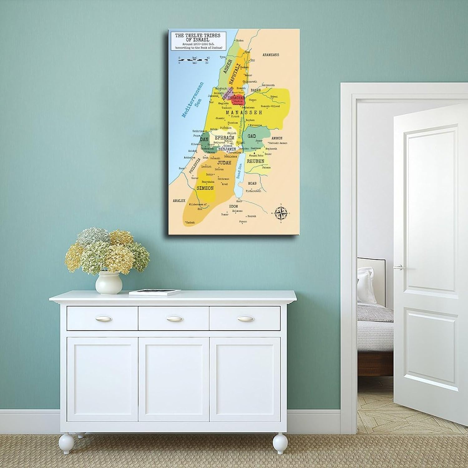 Bible Map Poster 12 Tribes of Israel Map Canvas Print Wall Art Landscape Picture Painting Poster for Living Room Bedroom Office Decor 24x36inch(60x90cm) Unframe