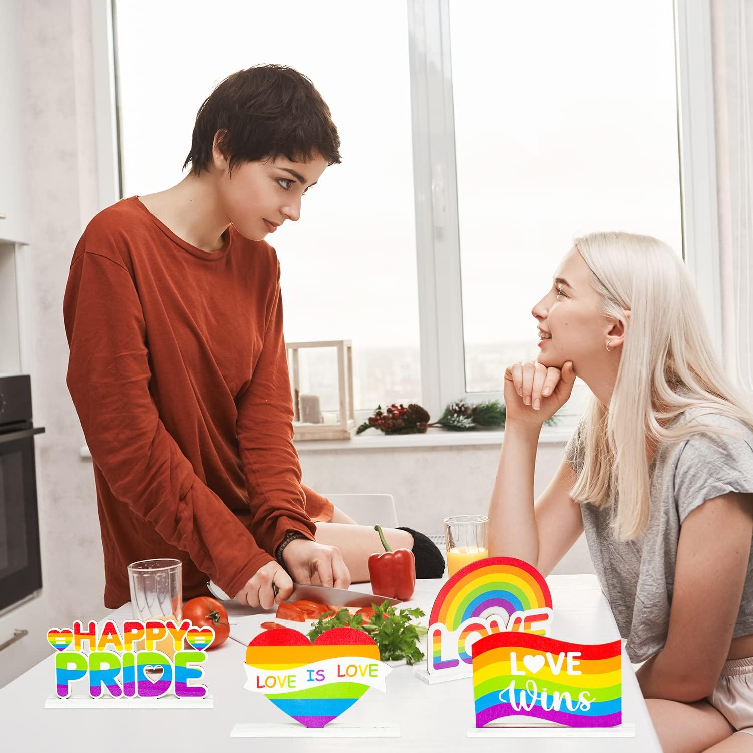 WATINC 4pcs Gay Pride Rainbow Wooden Table Topper Centerpiece Decorations, LGBT Pride Month Party Wood Tiered Tray Signs Table Decor, Love is Love Detachable Tabletop Supplies for Home Kitchen