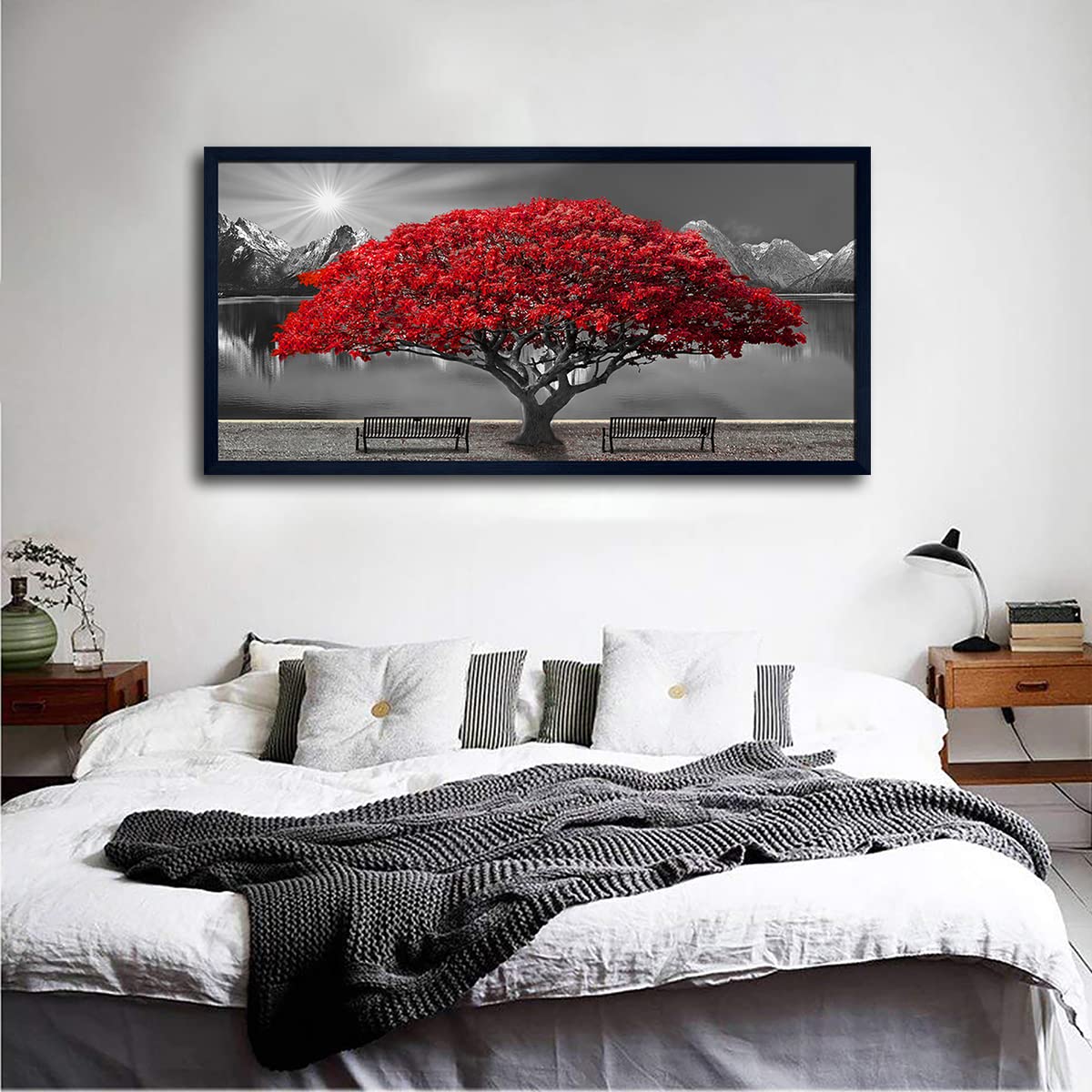 Black and White Red Tree Wall Art Canvas Print Picture Large Red Tree Landscape Modern Artwork for Living Room Bedroom Office Home Wall Decor With Frame 30X60inch Black Framed