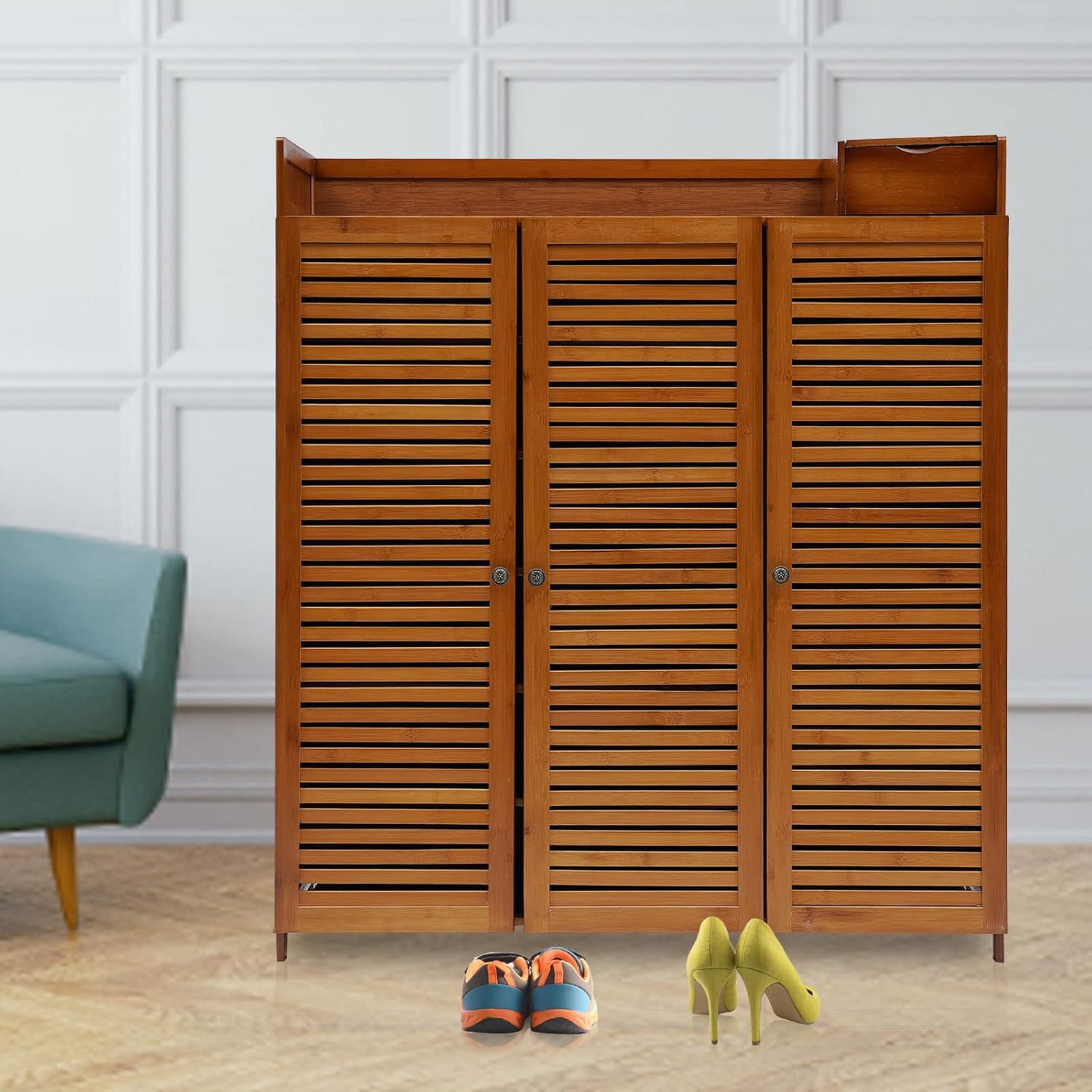 LOYALHEARTDY Shoe Storage Cabinet, 7 Tier Bamboo Shoes Organizer Rack with Shutter Doors Waterproof Free Standing Shoe Rack for Living Room Entryway Hallway, Brown