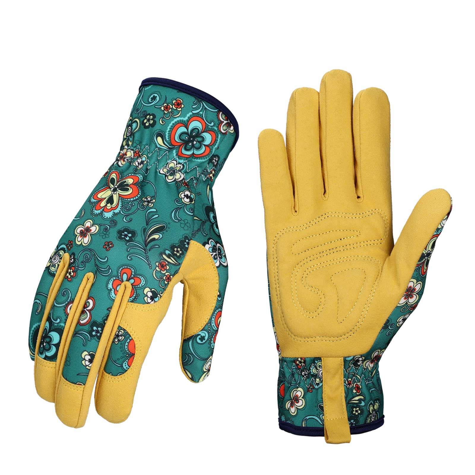 Bamllum Guantes de jardinería de cuero para mujer, guantes de trabajo para deshierbar, cavar, plantar, rastrillar y podar (verde + amarillo)
