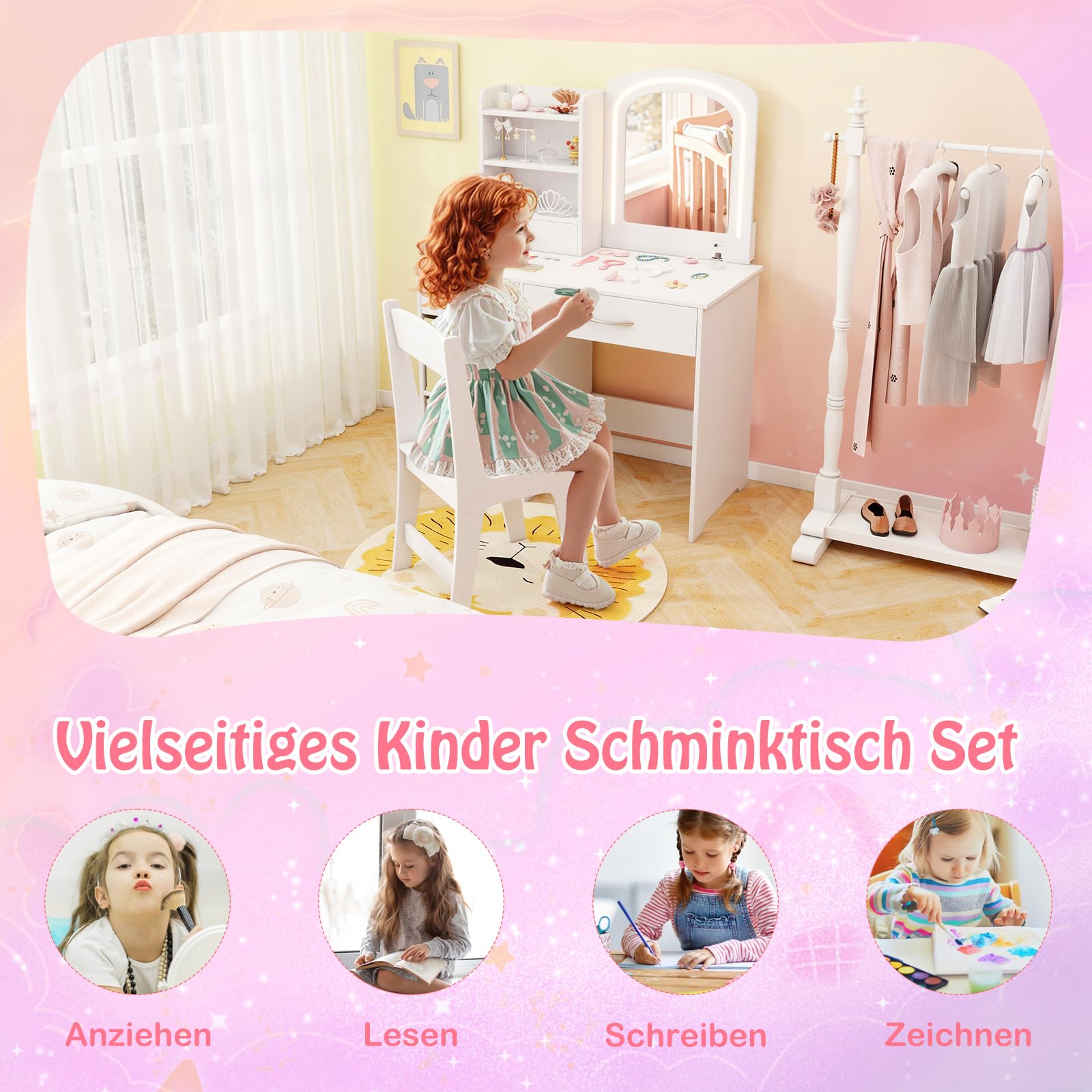 COSTWAY Kinder Schminktisch mit Beleuchtung, Kinderschminktisch mit Spiegel, Schubladen & 2 Aufbewahrungsboxen, Frisiertisch Prinzessin mit Hocker, Kosmetiktisch für Mädchen ab 3 Jahren, Weiß